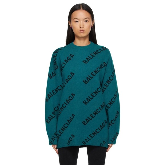 BALENCIAGA Oversized Wool Logo Jacquard Knit Sweater Petrol Blue & Black Sz XS - Picture 4 of 8
